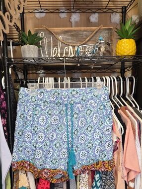 Anthropologie Turquoise Blue Printed Tassel Drawstring Shorts